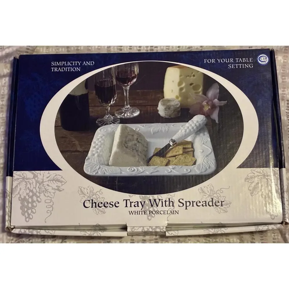 Vintage CIB White Porcelain Cheese Tray with Spreader  Embossed Grapevine Design